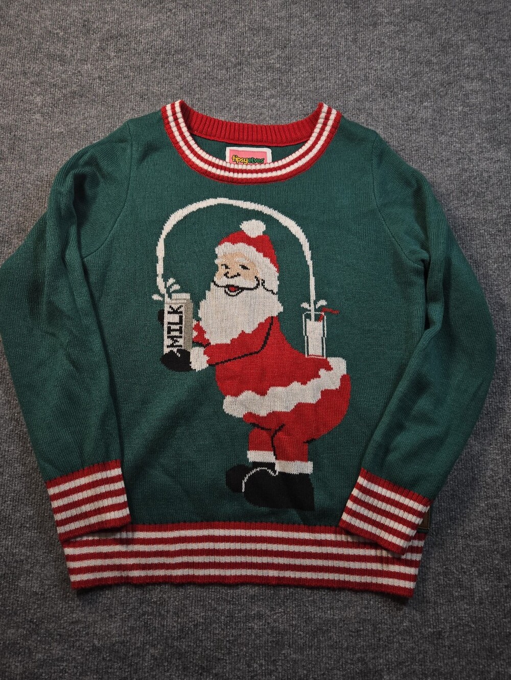 Tipsy Elves Santa Milk Jump Rope Ugly Christmas Sweater Green Sz L